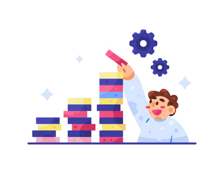 Illustration of a man piles up as high as possible beams. Personal growth concept. self improvement and development. Continue to learn to continue to develop. Desian Flat Style Character