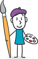 Stick Figure Artist with Brush and Palette. Concept of creativity, artistry, and the joy of painting