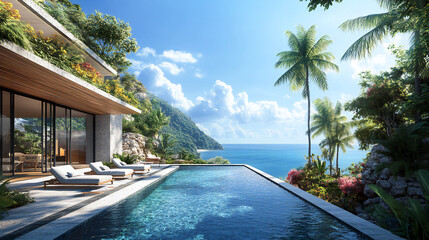 Luxury architecture, ocean front property landscape. Modern minimalist design with infinity pool, sleek contemporary designer furniture, panoramic coastal view background. vacation home or hotel