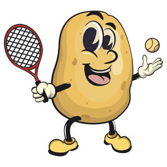 cute cartoon potato mascot vector playing tennis, happy smiling character isolated on transparent background, work of hand drawn