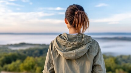 Fototapeta premium Woman wearing a hooded jacket, overlooking a misty valley from a hilltop, enjoying the serene sunrise view.