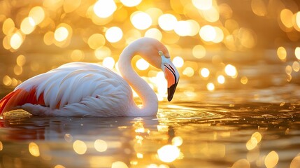 Elegant flamingo with soft pink and white feathers wading in shimmering golden water AI Generative