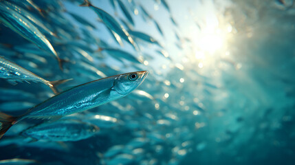 a mesmerizing underwater shot of a school of fish swimming gracefully in clear blue water, illuminated by the sun