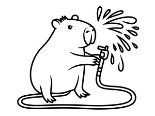 Fototapeta premium Coloriage - Capybara arrosant avec un tuyau dans un jardin