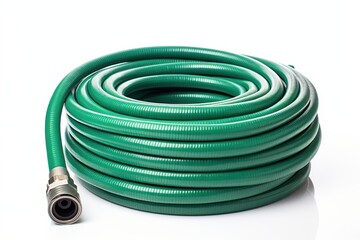 Green garden hose coiled for storage with metal connector fitting