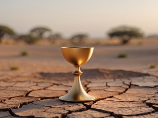 Golden Chalice on Cracked Earth, symbolizing scarcity and the quest for resources.