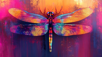 Vibrant digital illustration of a dragonfly with intricate wing patterns in neon hues of pink AI Generative