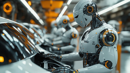 Fototapeta premium Robots Assembling Products In Factory. Robots working in a futuristic factory, assembling a product with precision and efficiency. Modern technology and automation in production.