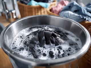 Soaking clothes, dark garment soaking in a metal basin filled with bubbly soapy water, laundry basket in background.
