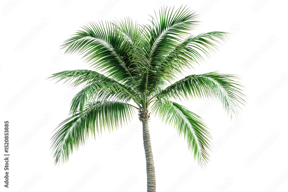 Poster a lush, green palm tree with vibrant fronds, isolated on a dark transparent background background re