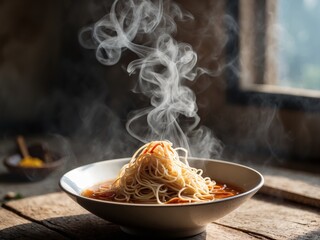 Steaming Bowl of Noodles in Broth, a Culinary Delight on a Rustic Wooden Table.