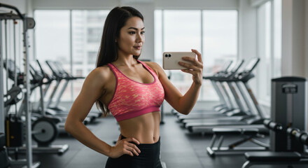 Obraz premium Asian woman in athletic wear taking a selfie in a modern gym. Female fitness influencer posing with phone in a bright fitness center.