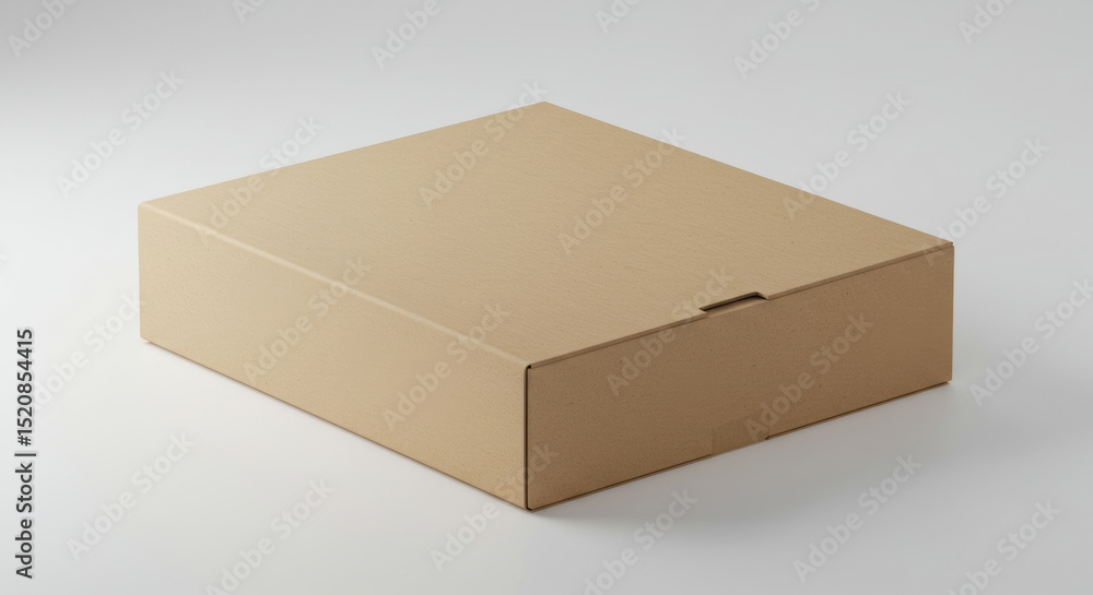 Poster empty cardboard box on a plain white surface. neutral colored box positioned for display, showcasing