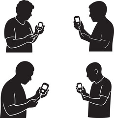 Diabetic patients checking blood sugar levels using glucometer in flat black silhouette vector design set illustration

