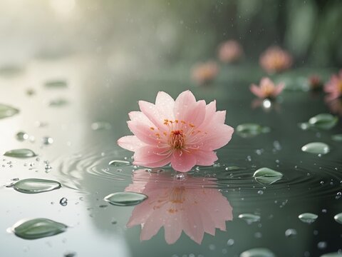 Pink Lotus Flower in Water with Reflection and Ripples Peaceful, Serene Image