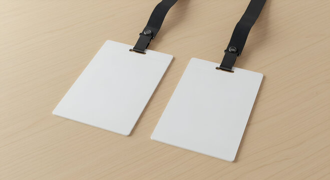 Blank white ID badges with black lanyard on light beige wooden surface. Two empty ID cards resting on a light beige wooden table with attached black lanyards.