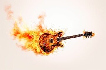 Vibrant electric guitar engulfed by flames in a creative artistic display