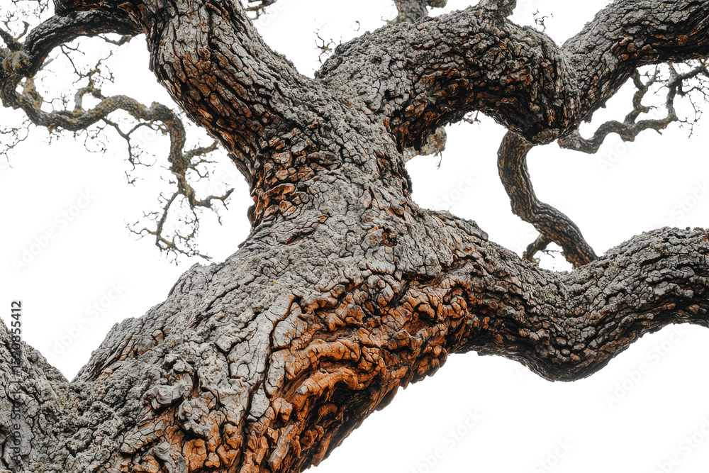 Poster close-up of a gnarled, ancient oak tree branch, showing intricate textures and weathered bark backgr