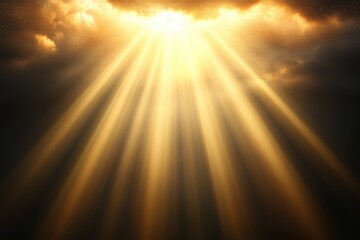 Naklejka premium Golden sunbeams radiate from behind dark clouds, creating a dramatic, ethereal light show