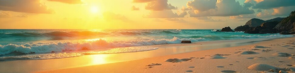 Golden hour sunlight bathes a sun-drenched summer landscape, highlighting shimmering textures of sand, sea, and sky Perfect for travel, vacation, and summer themes , golden, bright light