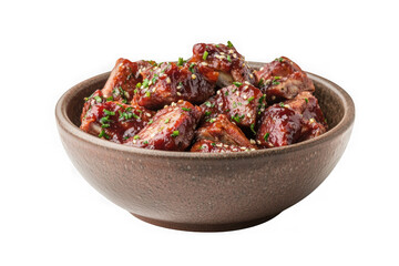 Delicious teriyaki chicken bites in ceramic bowl with sesame seeds and green onions stock photo isolated on transparent background