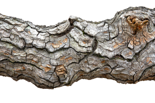 Close-up of a weathered, cracked tree bark texture, showing intricate details and natural patterns background removed