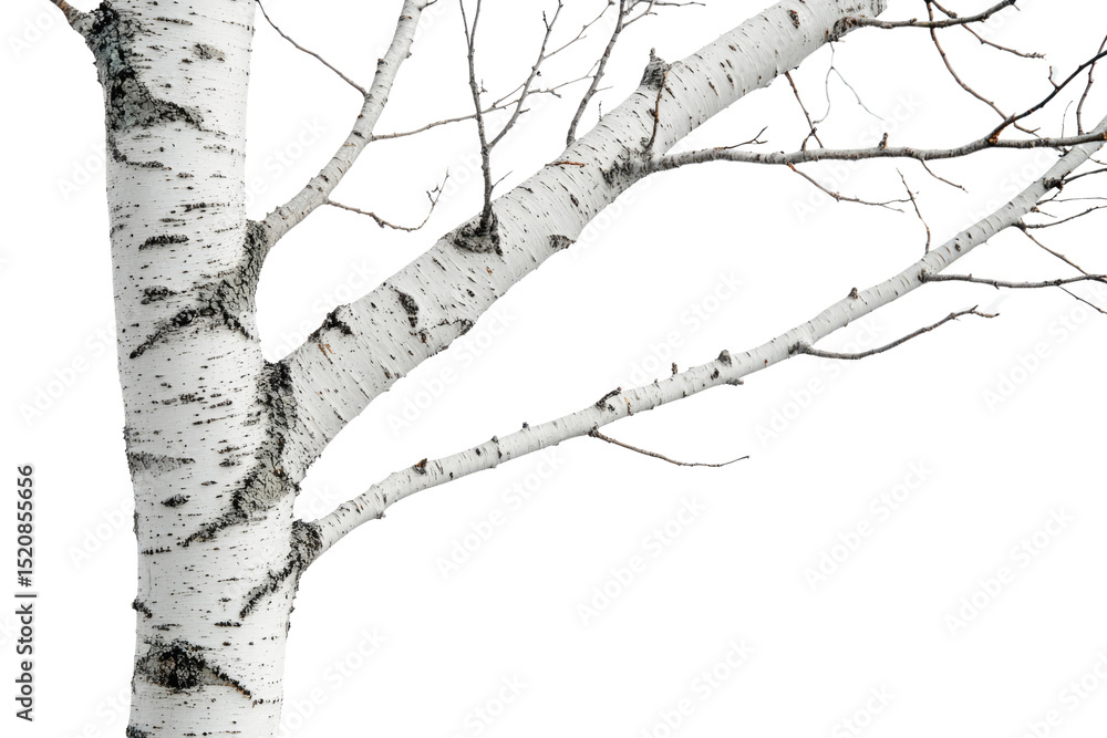 Poster birch tree branch isolated on transparent background, showcasing its white bark and intricate branch