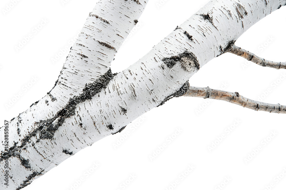Poster close-up of a birch tree branch with characteristic white bark and dark markings background removed