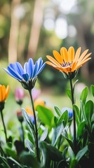 Two vibrant Osteospermum daisies, one blue, one orange, stand tall amidst lush green foliage, softly blurred background