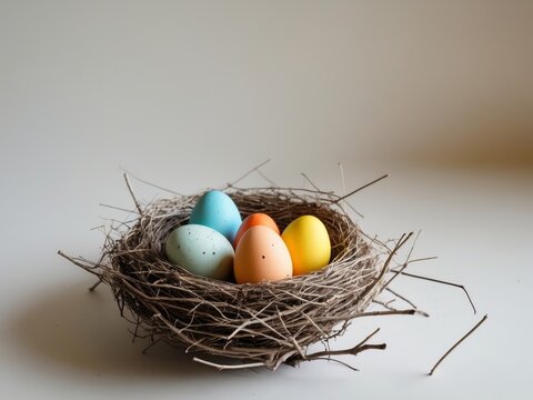 Colorful Easter Eggs in a Nest, Spring Celebration and Decoration Still Life.