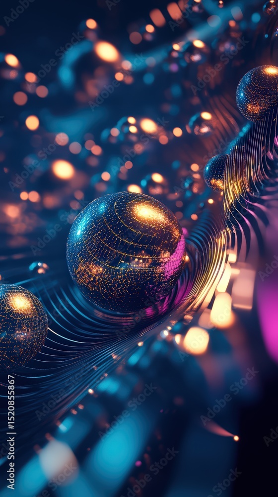 Poster intricate network of interconnected spheres with vibrant luminescence and depth
