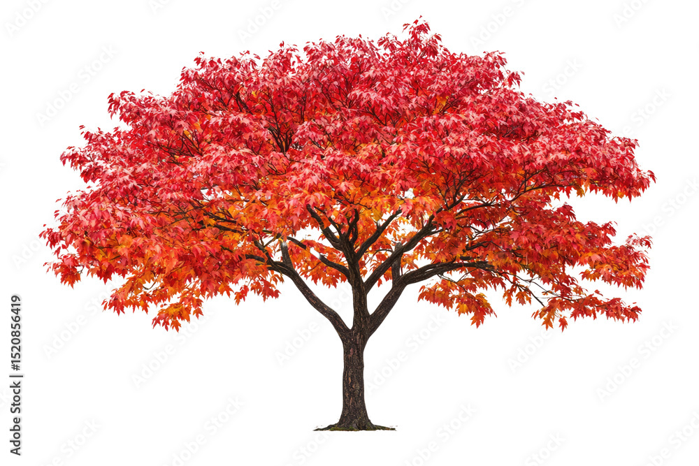 Poster a vibrant autumn tree with fiery red and orange leaves, isolated on a transparent background backgro