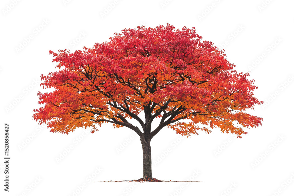 Poster a vibrant autumn tree with fiery red and orange leaves, isolated on a transparent background backgro