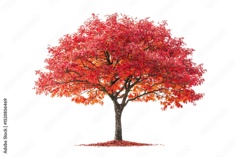 Poster a vibrant red tree stands alone, leaves ablaze with autumn colors, isolated on a transparent backgro
