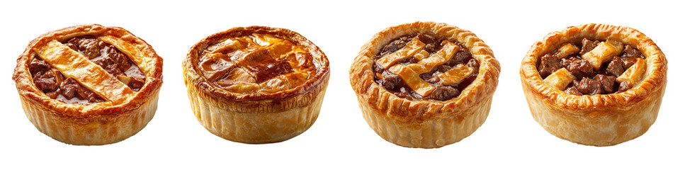 A collection of fresh, tasty meat pies isolated on a transparent background