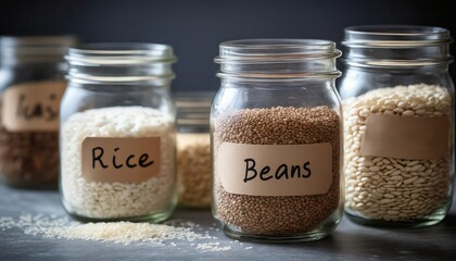 Jars of Rice, Beans, Lentils, and Sesame on Dark Background for Culinary and Healthy Food Concept
