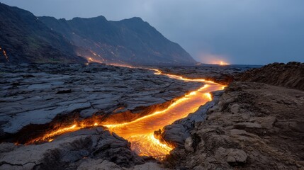 Fototapeta premium Glowing lava flowing through rugged landscape at volcano eruption site