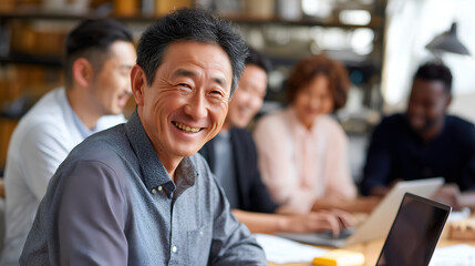 Happy businessman smiling in team meeting