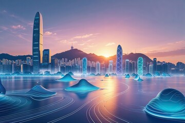 Obraz premium Futuristic Urban Design with Abstract Nodes and Gradient Lines in Hong Kong Skyline Art