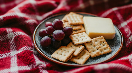 Summer picnic on a blanket. Close-up of a plate with cheese, grapes and crackers on a red checkered blanket, warm natural light, space for text.