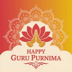 Prayer hands guru purnima vector with traditional lotus mandala on orange and pink background, celebrating india&rsquo;s teacher appreciation day with symbols of peace, guidance and enlightenment