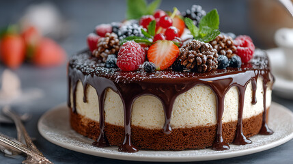 A delicious dessert cake topped with various fresh fruits and chocolate drizzle
