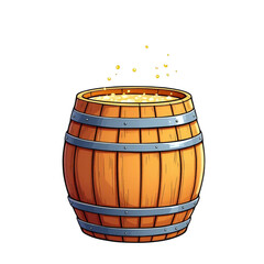 Illustration of a wooden barrel filled with a golden liquid and floating bubbles on black background
