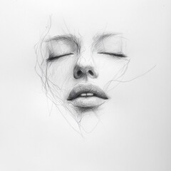 Fototapeta premium A serene pencil sketch of a woman's face, eyes closed in peaceful repose.
