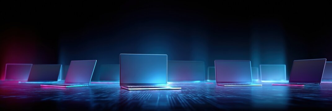 A row of laptops are displayed on a table. The laptops are all different sizes and colors. Scene is futuristic and technological