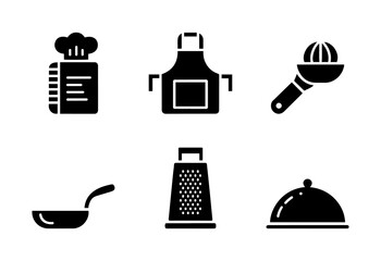 Cooking and Kitchen Icon Set – Chef Hat, Apron, Pan, Grater, and Kitchen Tools Symbols
