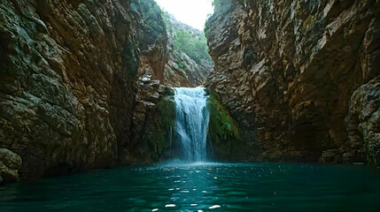 Naklejka premium Hidden Waterfall In Rocky Canyon Gorge