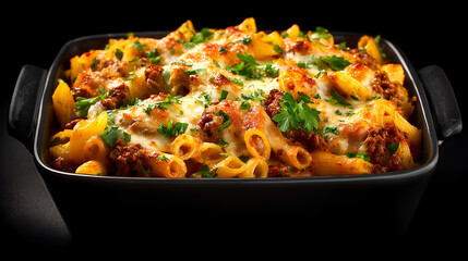 Delicious baked pasta dish in a black dish. The pasta is topped with melted cheese, meat and fresh herbs. It's a hearty and satisfying meal