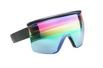 Futuristic rainbow mirrored visor sunglasses, fashionable cyberpunk eyewear accessory for style and protection isolated on transparent background
