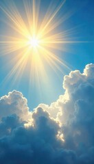 Golden sun rays burst through fluffy white clouds, illuminating a vibrant blue sky A stunning natural light effect perfect for backgrounds and design projects , background, glorious